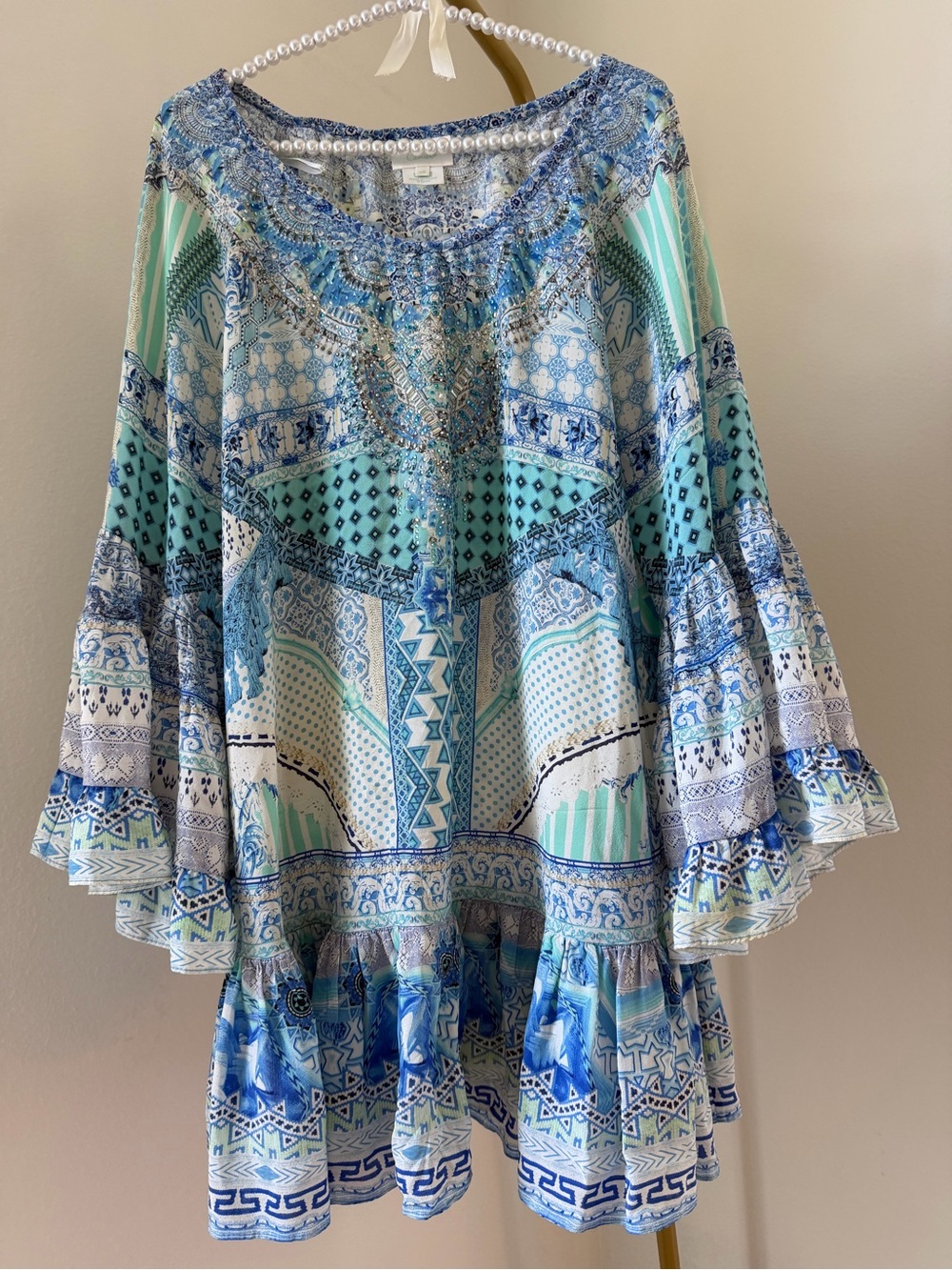 Camilla Blue Silk Crystal Embellished Flare Sleeve Mini Dress